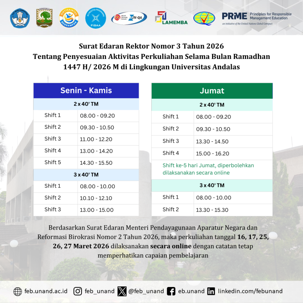 Penyesuaian Aktivitas Perkuliahan Selama Bulan Ramadhan 1447 H/2026 M di Lingkungan Universitas Andalas